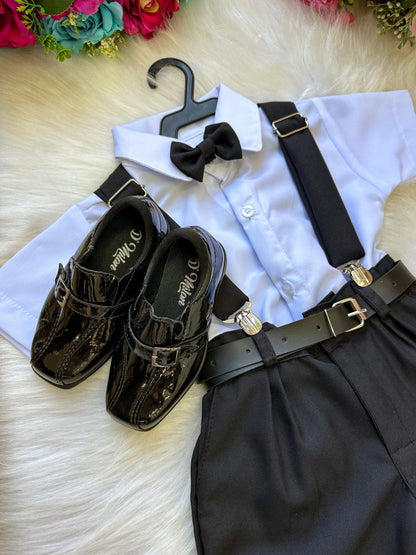Conjunto Social Infantil Branco em Microfibra com Gravata Preta e Suspensório Preto para Casamento