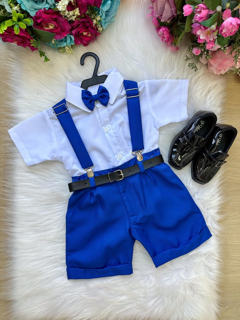Conjunto Social Infantil Azul Royal em Microfibra com Gravata e Suspensório para Pajem