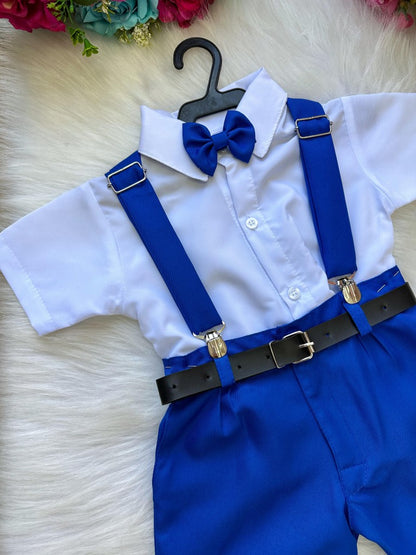 Conjunto Social Infantil Azul Royal em Microfibra com Gravata e Suspensório para Pajem