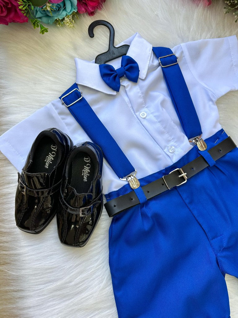 Conjunto Social Infantil Azul Royal em Microfibra com Gravata e Suspensório para Pajem