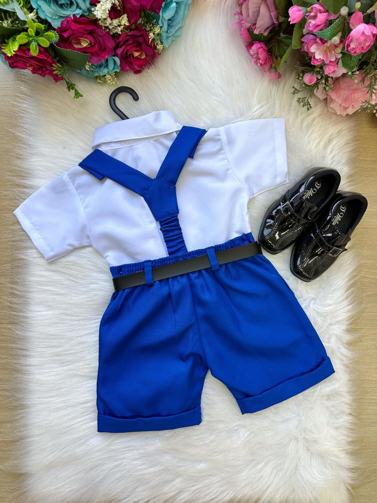 Conjunto Social Infantil Azul Royal em Microfibra com Gravata e Suspensório para Pajem