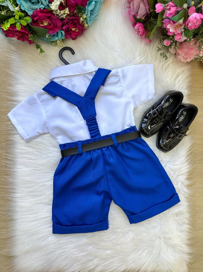 Conjunto Social Infantil Azul Royal em Microfibra com Gravata e Suspensório para Pajem