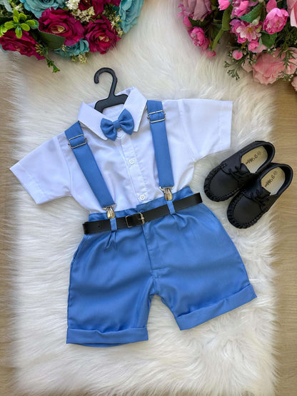 Conjunto Social Infantil Branco em Microfibra com Gravata e Suspensório Azul Serenity para Pajem