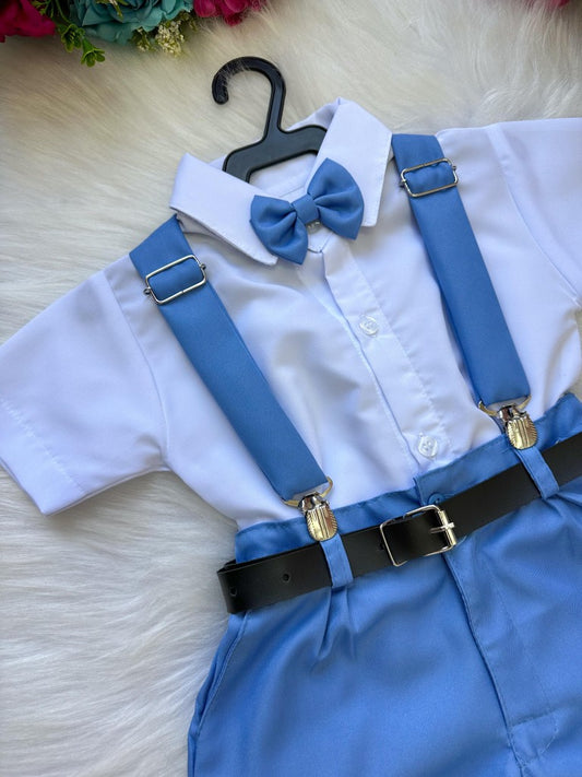 Conjunto Social Infantil Branco em Microfibra com Gravata e Suspensório Azul Serenity para Pajem