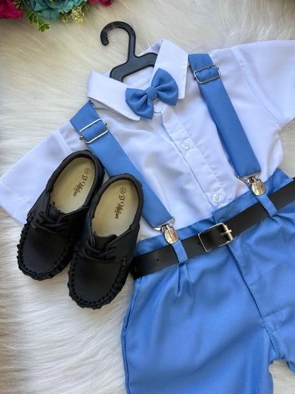 Conjunto Social Infantil Branco em Microfibra com Gravata e Suspensório Azul Serenity para Pajem
