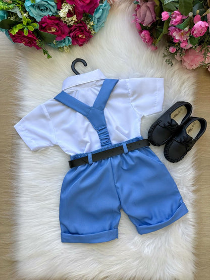 Conjunto Social Infantil Branco em Microfibra com Gravata e Suspensório Azul Serenity para Pajem