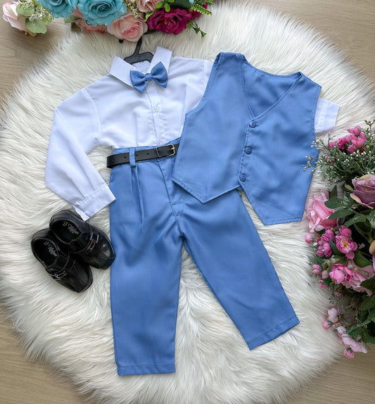 Conjunto Social Infantil Azul Serenity em Twill com Camisa Branca e Gravata Borboleta para Casamento