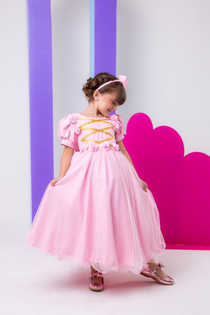 Vestido Infantil Fantasia Longa Princesa Rosa Bebe