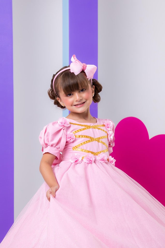 Vestido Infantil Fantasia Longa Princesa Rosa Bebe