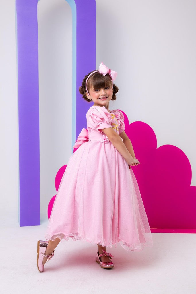 Vestido Infantil Fantasia Longa Princesa Rosa Bebe