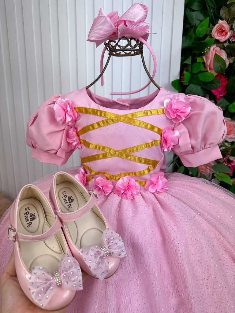 Vestido Infantil Fantasia Longa Princesa Rosa Bebe
