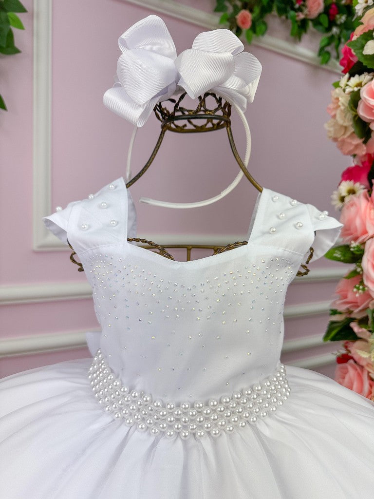 Vestido Infantil Branco em Tecnocraft com Babados em Tule e Gola Redonda para Festa de Aniversário