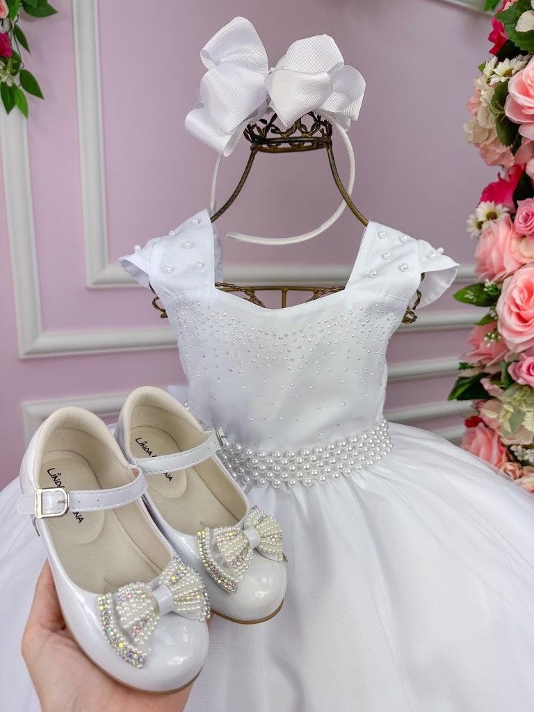 Vestido Infantil Branco em Tecnocraft com Babados em Tule e Gola Redonda para Festa de Aniversário