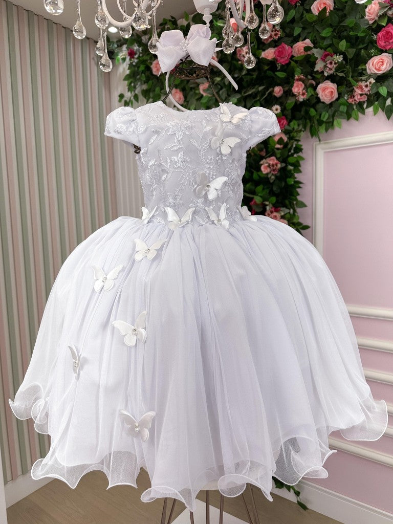 Vestido Infantil Branquíssimo em Tecido Misto com Saia Rodada para Festas
