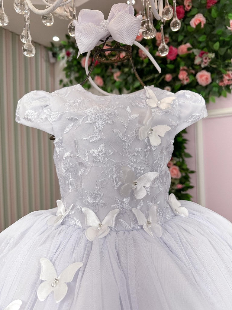 Vestido Infantil Branquíssimo em Tecido Misto com Saia Rodada para Festas