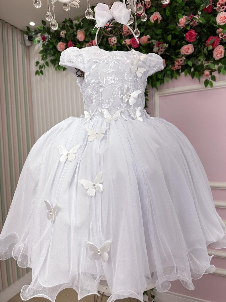 Vestido Infantil Branquíssimo em Tecido Misto com Saia Rodada para Festas