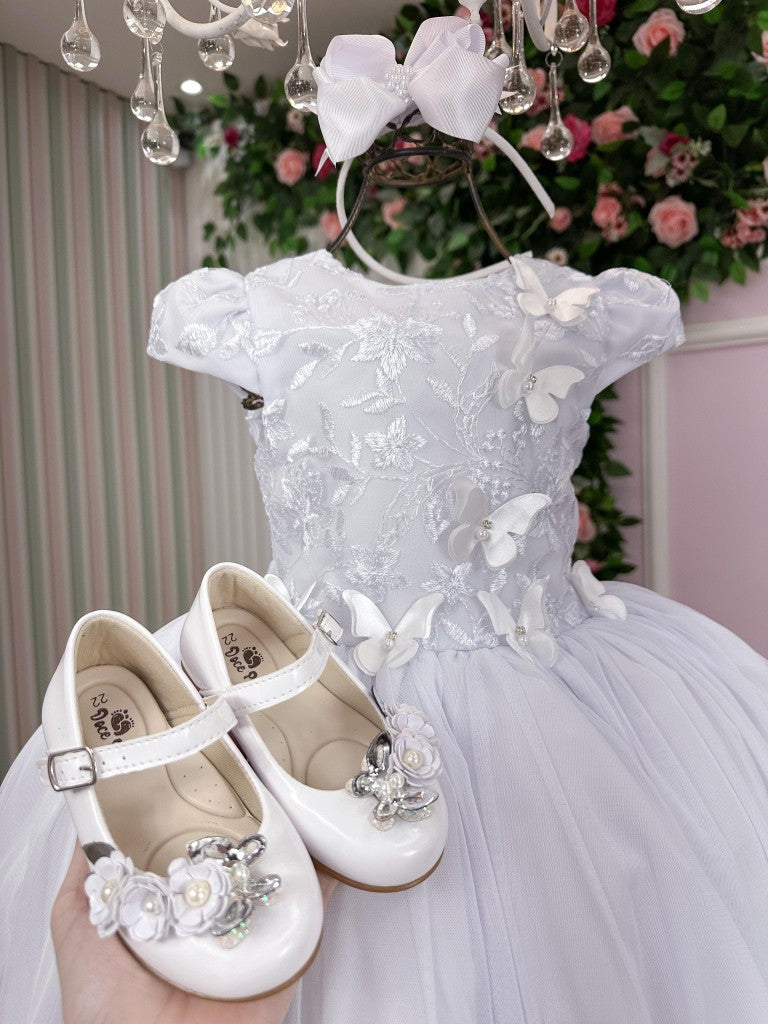 Vestido Infantil Branquíssimo em Tecido Misto com Saia Rodada para Festas