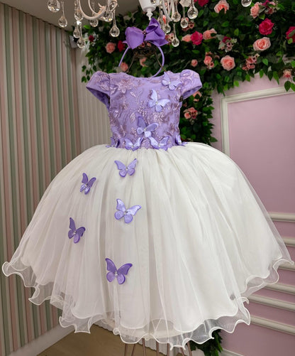 Vestido Juvenil - Midi Elegante em Lilás e Off White