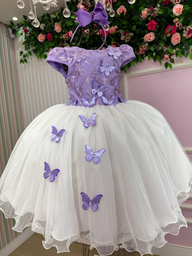 Vestido Juvenil - Midi Elegante em Lilás e Off White
