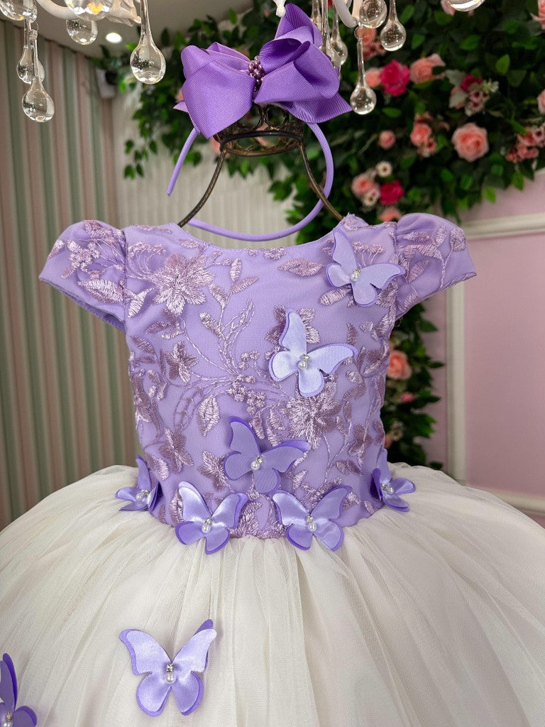 Vestido Juvenil - Midi Elegante em Lilás e Off White