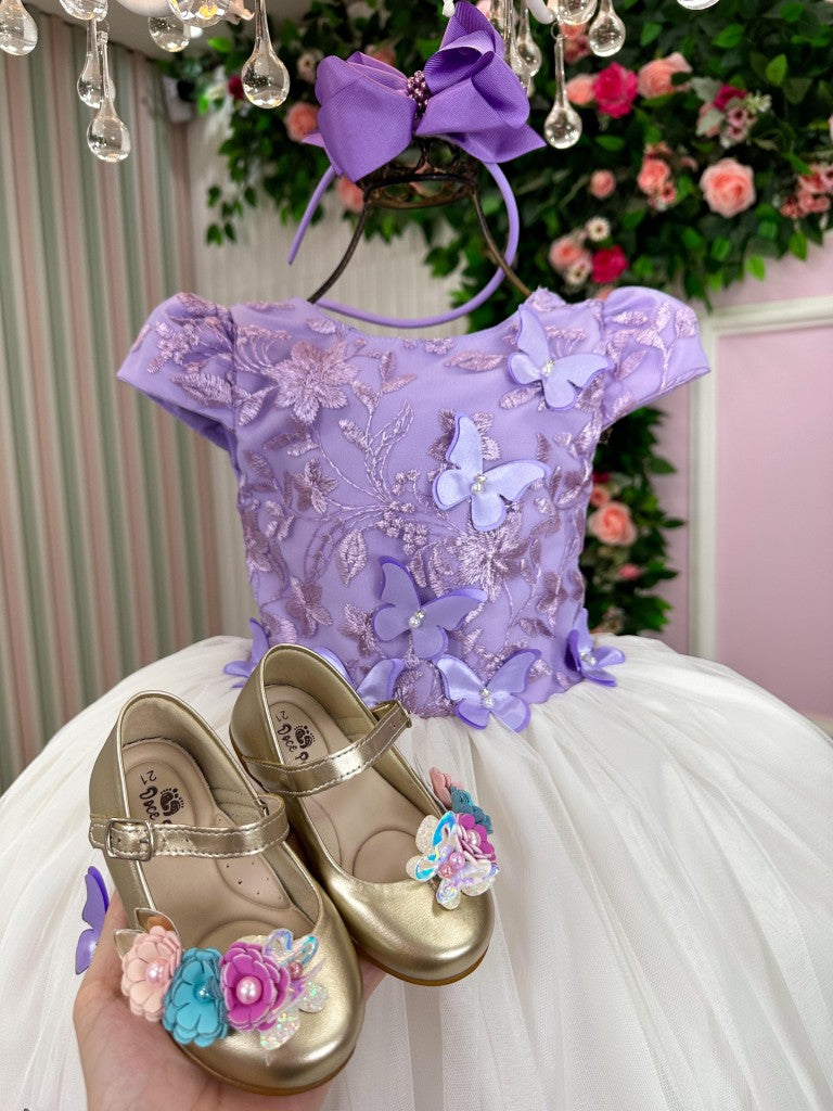 Vestido Juvenil - Midi Elegante em Lilás e Off White