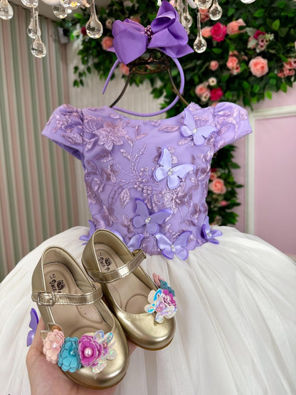 Vestido Juvenil - Midi Elegante em Lilás e Off White