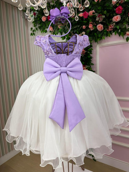 Vestido Juvenil - Midi Elegante em Lilás e Off White