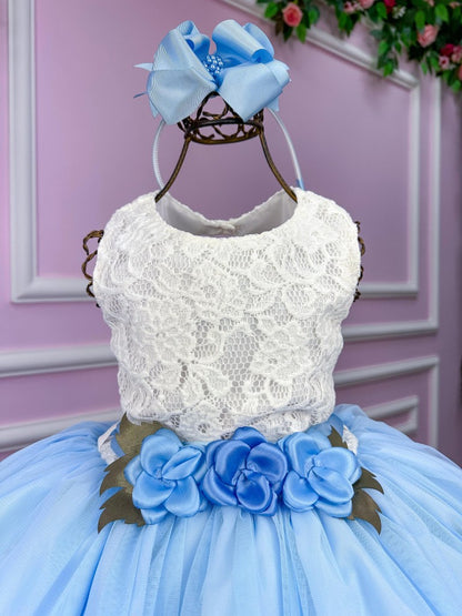 Vestido Juvenil Elegante Off com Saia Azul Bebê