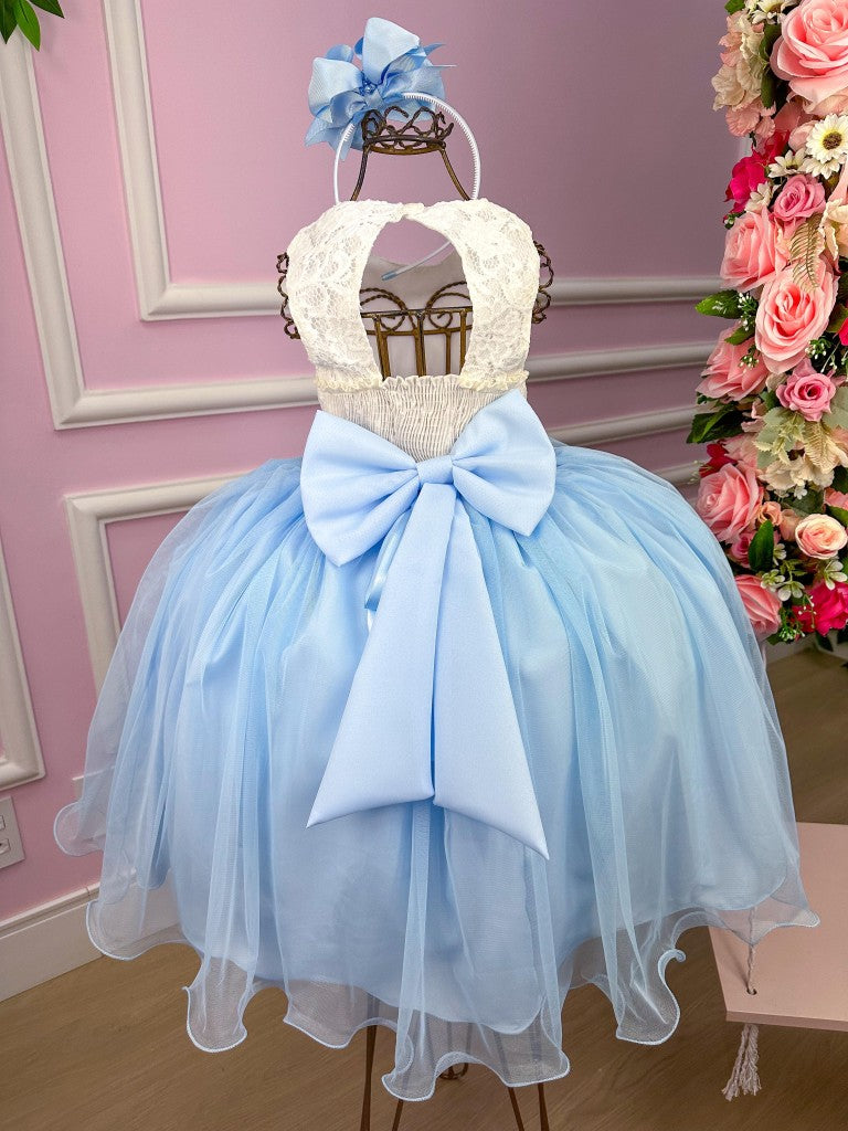 Vestido Juvenil Elegante Off com Saia Azul Bebê