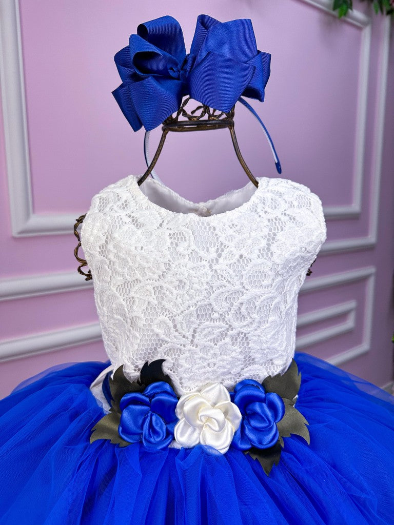 Vestido Juvenil Elegante Off com Saia Azul Royal
