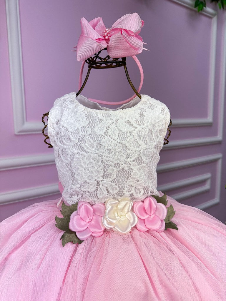 Vestido Infantil Rosa Bebê em Tule com Renda Delicada e Saia Charmosa para Festa de Aniversário