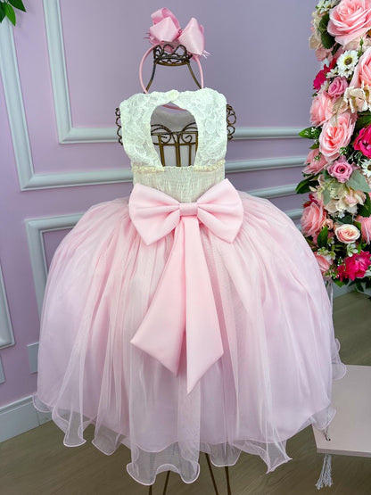 Vestido Infantil Rosa Bebê em Tule com Renda Delicada e Saia Charmosa para Festa de Aniversário