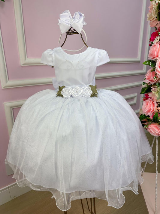 Vestido Infantil Branco em Cetim com Saia Rodada e Renda Delicada para Daminhas