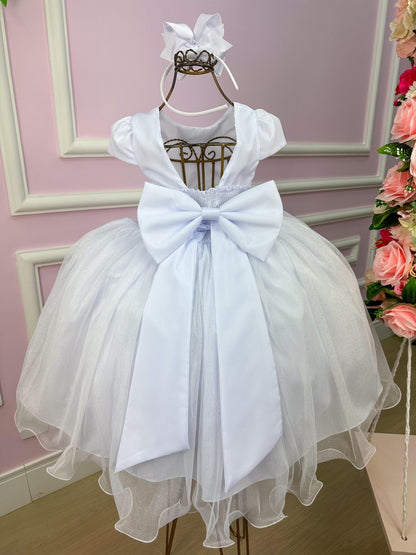 Vestido Infantil Branco em Cetim com Saia Rodada e Renda Delicada para Daminhas