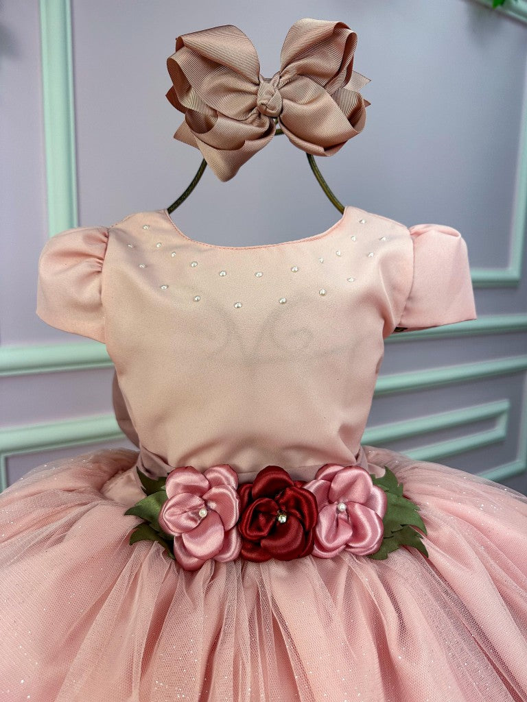 Vestido Infantil Rosa em Tule com Forro em Poliéster e Algodão com Saia Rodada para Festa de Aniversário