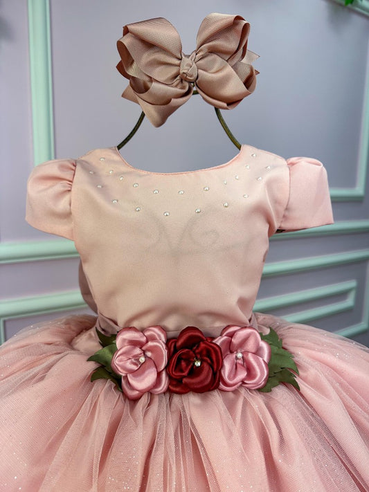 Vestido Infantil Rosa em Tule com Forro em Poliéster e Algodão com Saia Rodada para Festa de Aniversário