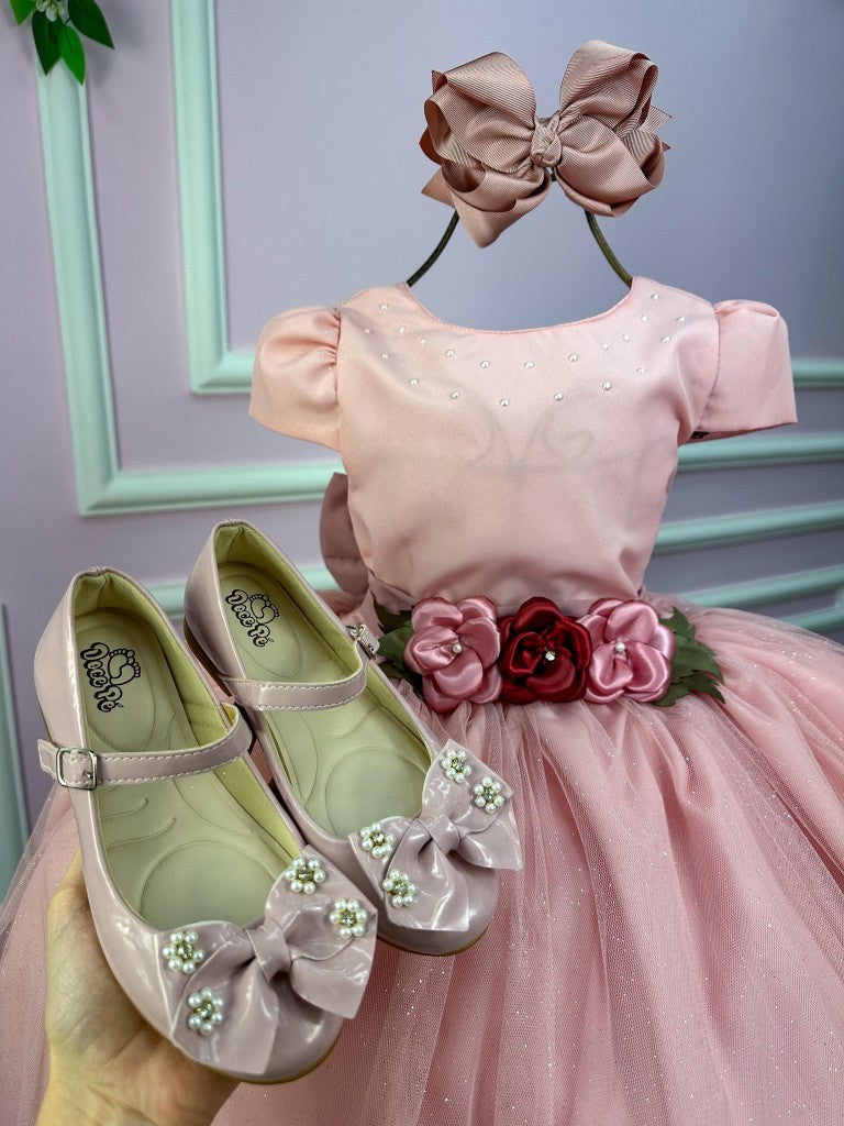 Vestido Infantil Rosa em Tule com Forro em Poliéster e Algodão com Saia Rodada para Festa de Aniversário