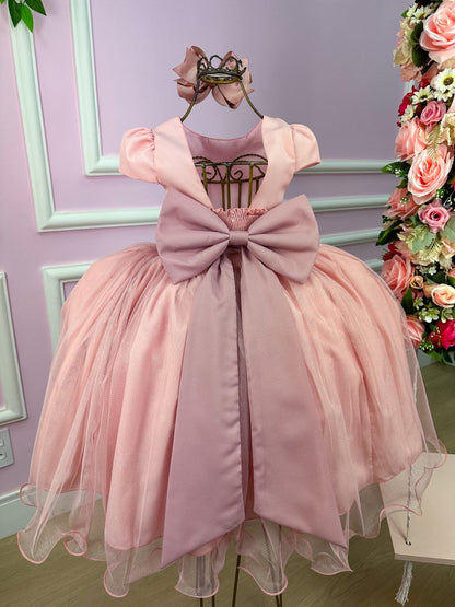 Vestido Infantil Rosa em Tule com Forro em Poliéster e Algodão com Saia Rodada para Festa de Aniversário