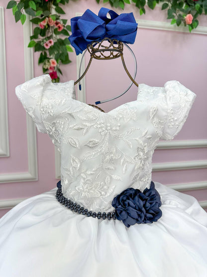 Vestido Lorenzetti Longo Branco Peito Rendado Cinto Azul Marinho