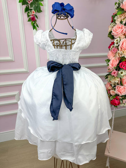 Vestido Lorenzetti Longo Branco Peito Rendado Cinto Azul Marinho
