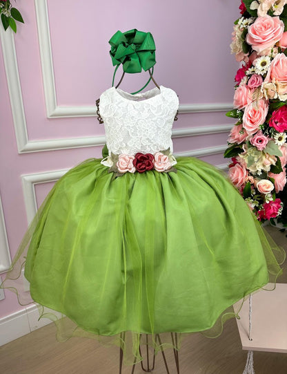 Vestido Infantil Off em Tule com Saia Verde Maçã e Laço nas Costas para Festa de Aniversário