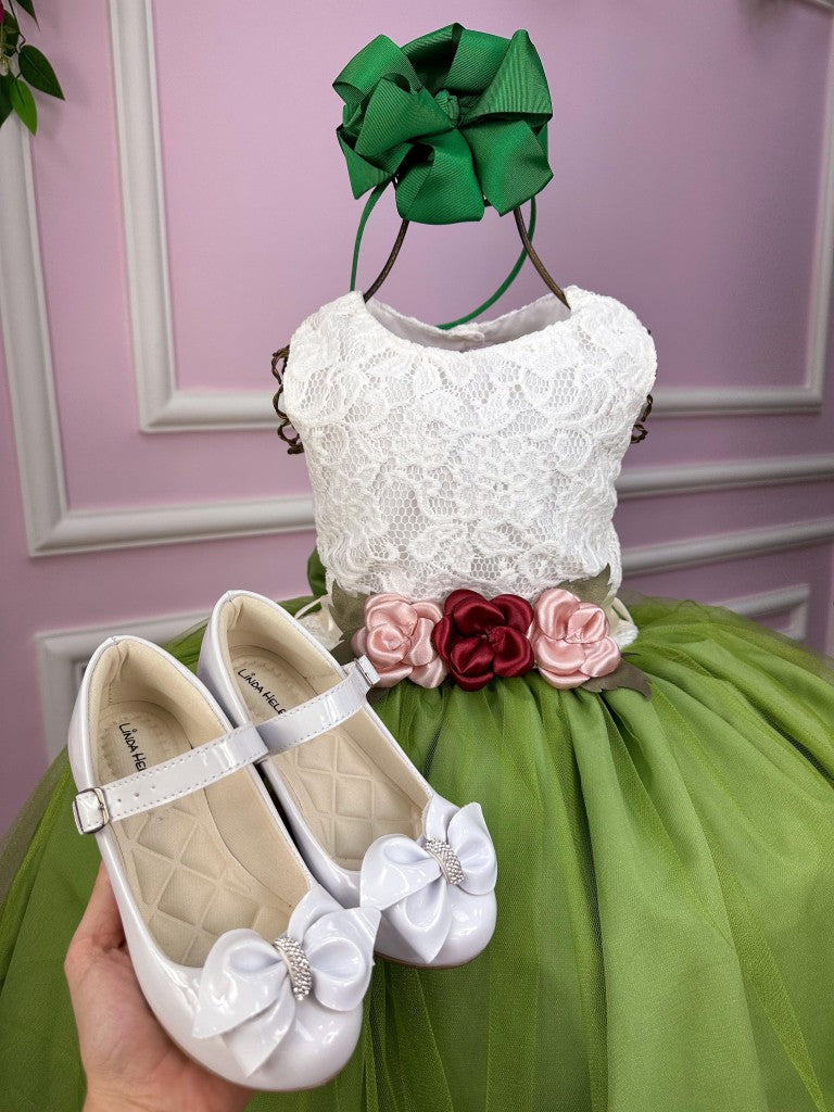 Vestido Infantil Off em Tule com Saia Verde Maçã e Laço nas Costas para Festa de Aniversário