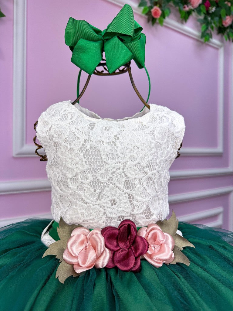 Vestido Infantil Off em Samambaia Escura com Saia Verde Vibrante e Design Moderno para Festa de Aniversário
