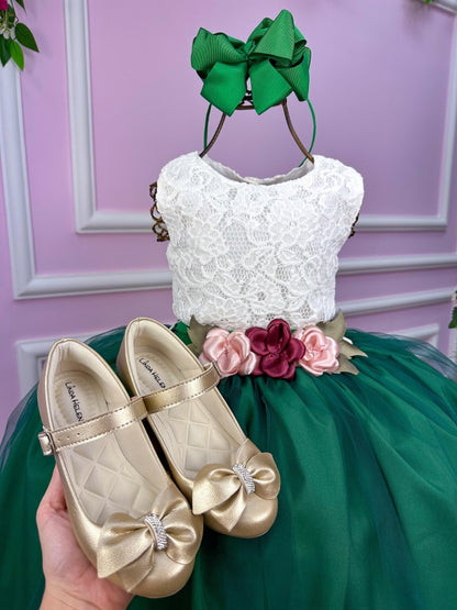 Vestido Infantil Off em Samambaia Escura com Saia Verde Vibrante e Design Moderno para Festa de Aniversário