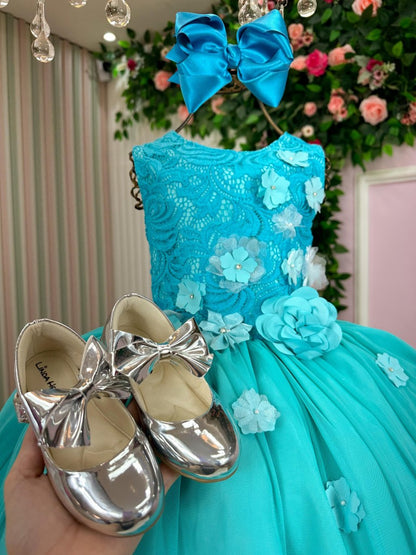 Vestido Infantil Regata Flores Verde Tiffany Elegante