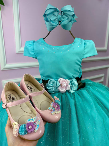 Vestido Infantil Elegante Verde Tiffany para Festas
