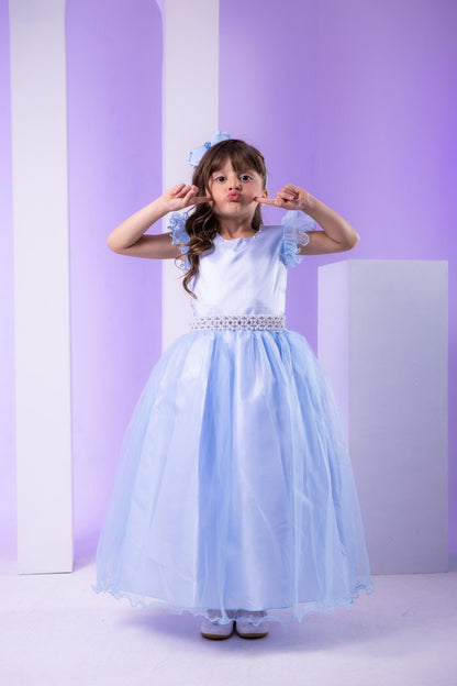 Vestido Infantil Azul Bebê em Cetim com Saia Rodada para Festa de Aniversário