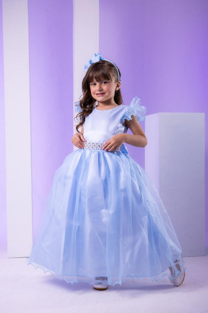 Vestido Infantil Azul Bebê em Cetim com Saia Rodada para Festa de Aniversário