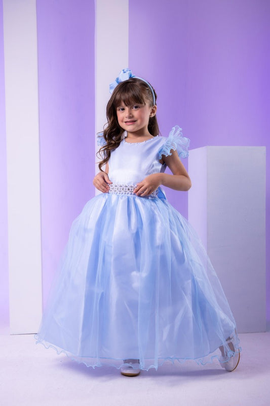 Vestido Infantil Azul Bebê em Cetim com Saia Rodada para Festa de Aniversário