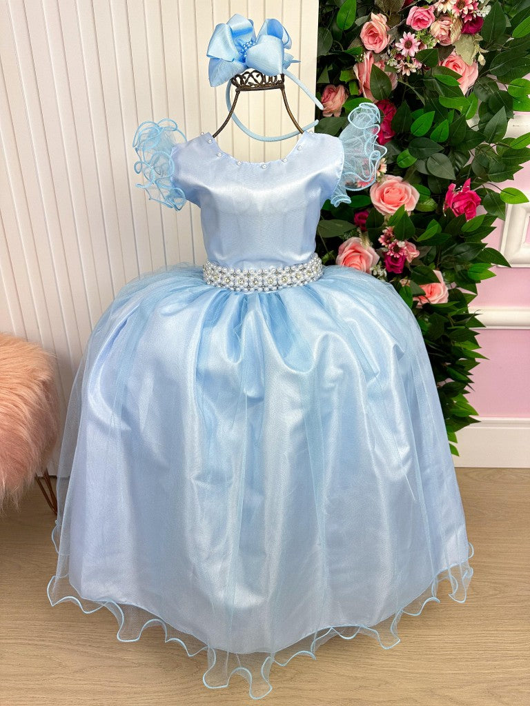 Vestido Infantil Azul Bebê em Cetim com Saia Rodada para Festa de Aniversário
